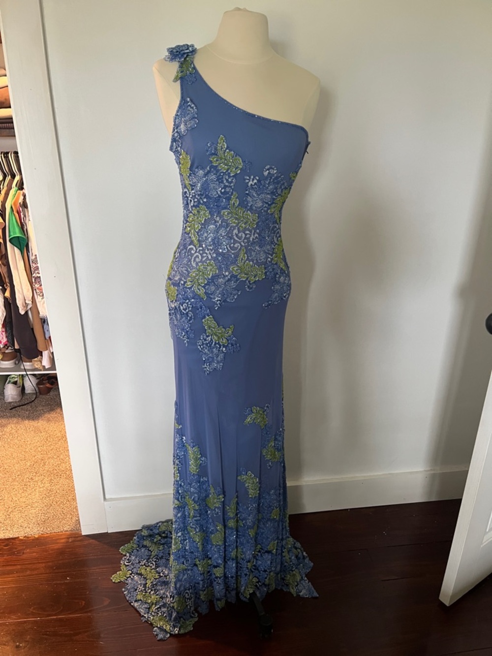 Attitudes by Renee One-Shoulder Periwinkle Gown with Green Floral Appliqué